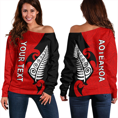 New Zealand Off Shoulder Sweatshirt Custom Aotearoa Silver Fern Koru Design
