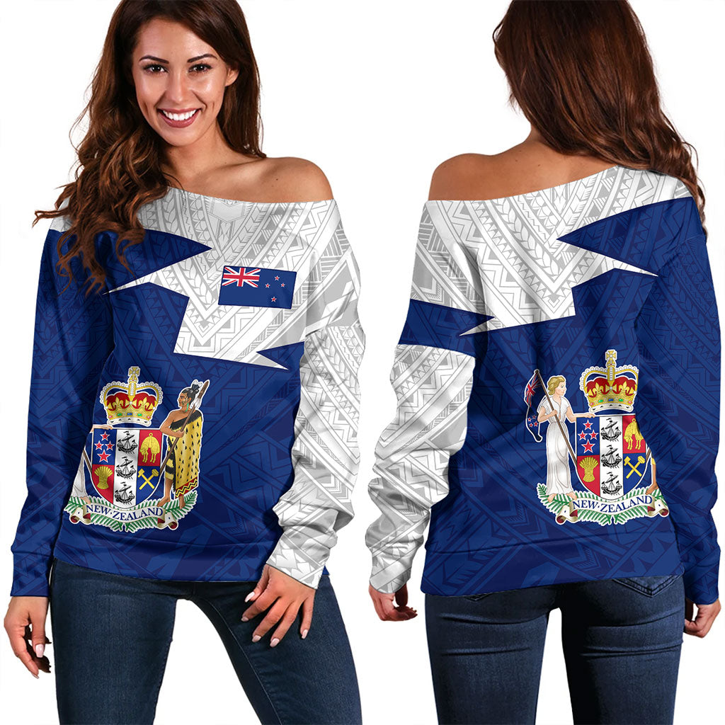 New Zealand Off Shoulder Sweatshirt Polynesian Tattoo Flag And Coat Of Arms