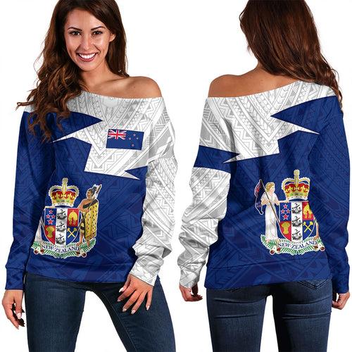 New Zealand Off Shoulder Sweatshirt Polynesian Tattoo Flag And Coat Of Arms