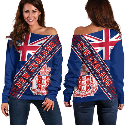 New Zealand Off Shoulder Sweatshirt Flag And Coat Of Arms