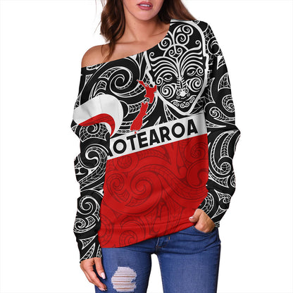 New Zealand Off Shoulder Sweatshirt Aotearoa Maori Haka Face