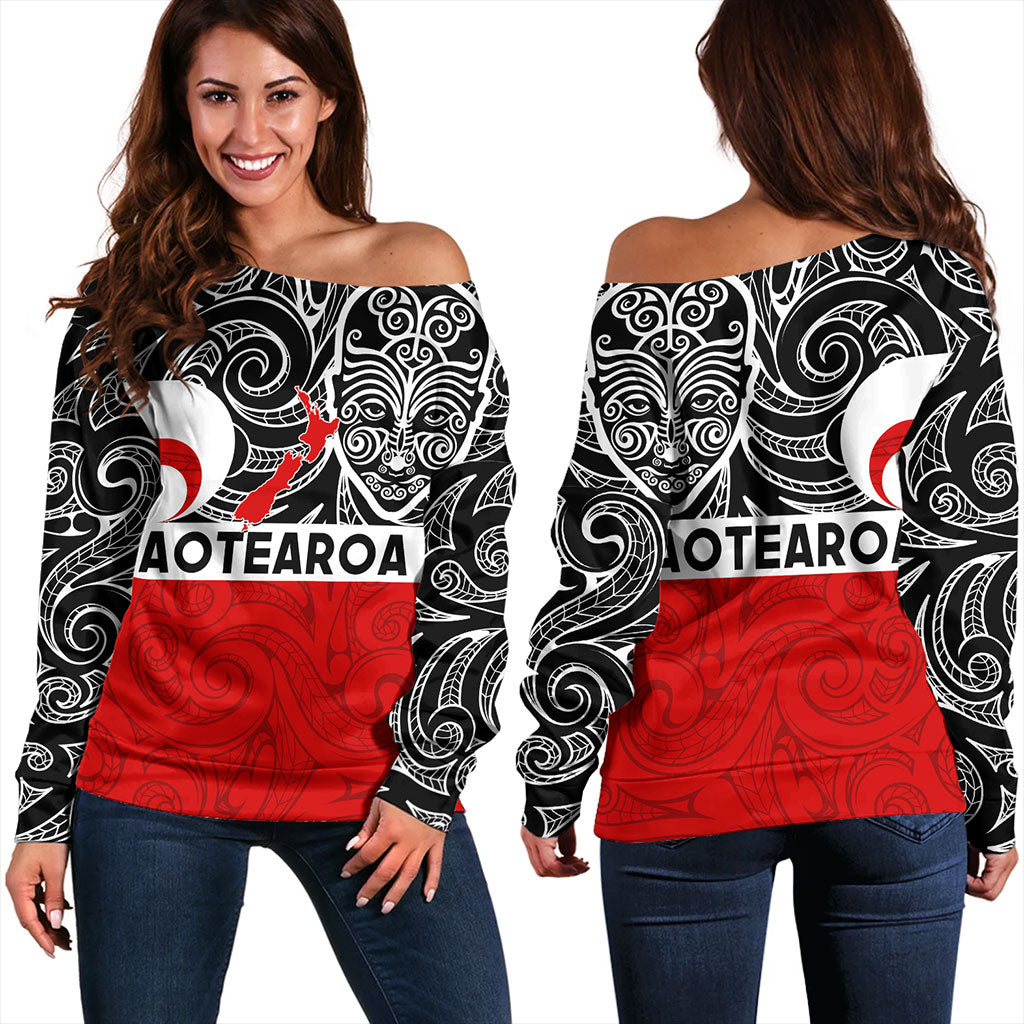 New Zealand Off Shoulder Sweatshirt Aotearoa Maori Haka Face