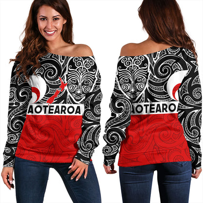 New Zealand Off Shoulder Sweatshirt Aotearoa Maori Haka Face