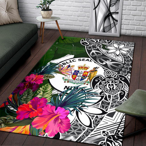 Niue Area Rug White - Turtle Plumeria Banana Leaf