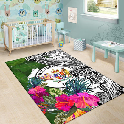 Niue Area Rug White - Turtle Plumeria Banana Leaf