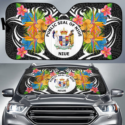 Niue Auto Sun Shades - Coat Of Arms With Tropical Flowers