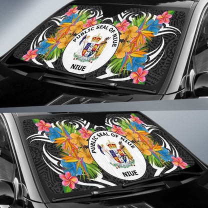 Niue Auto Sun Shades - Coat Of Arms With Tropical Flowers