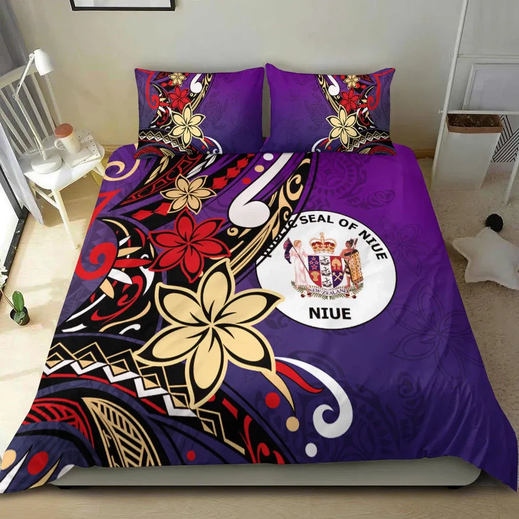 Niue Bedding Set - Tribal Flower With Special Turtles Purple Color