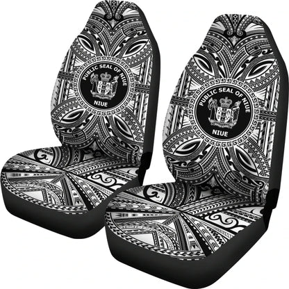 Niue Car Seat Cover - Niue Coat Of Arms Polynesian White Black