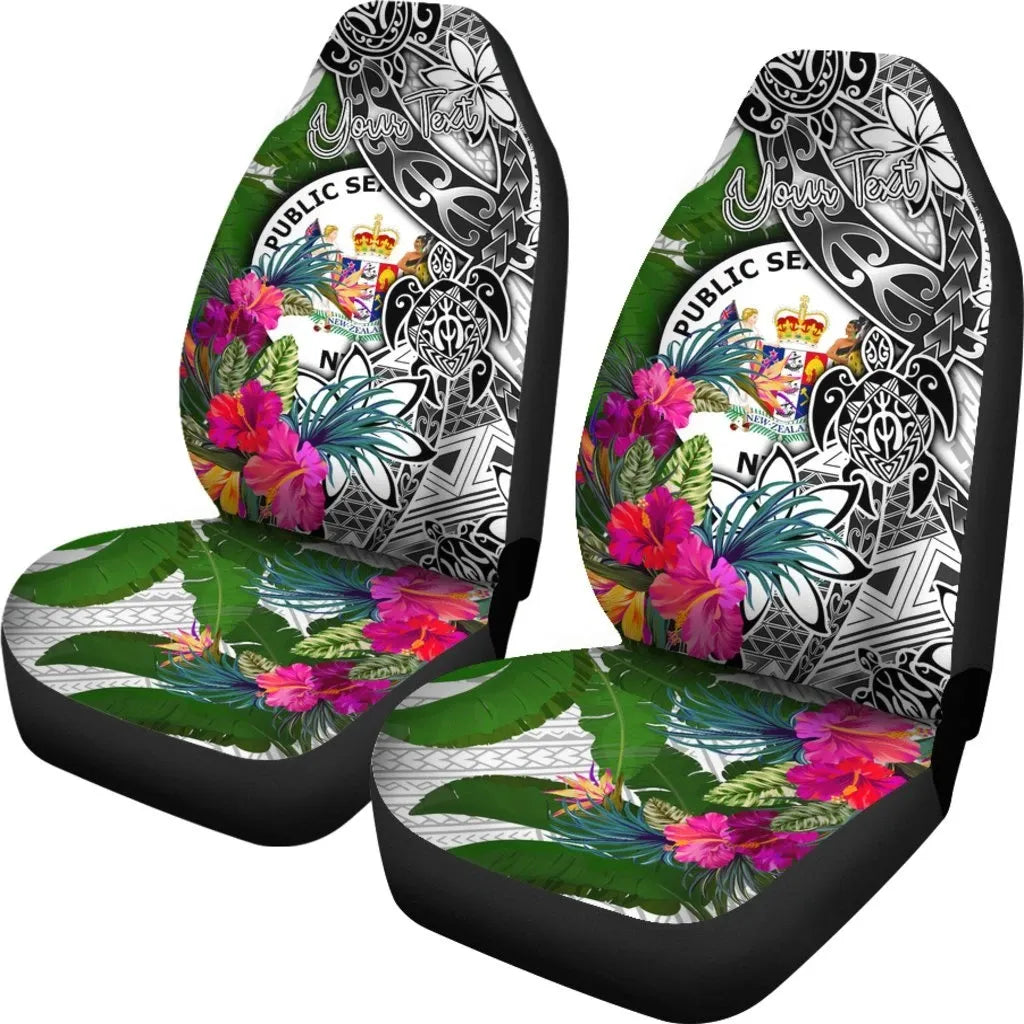 Niue Custom Personalised Car Seat Covers White - Turtle Plumeria Banana Leaf
