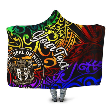 Niue Custom Personalised Hooded Blanket - Rainbow Polynesian Pattern