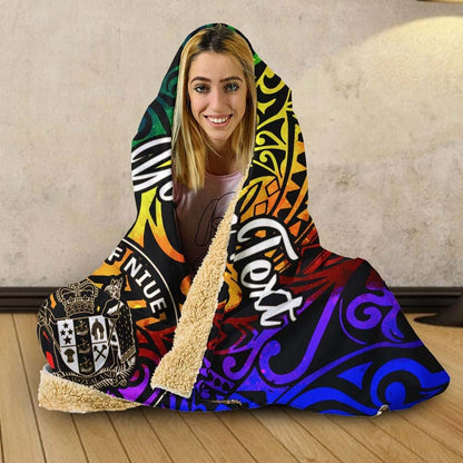 Niue Custom Personalised Hooded Blanket - Rainbow Polynesian Pattern