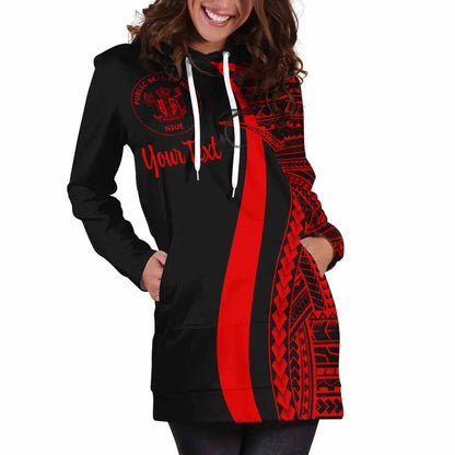 Niue Custom Personalised Hoodie Dress - Red Polynesian Tentacle Pattern