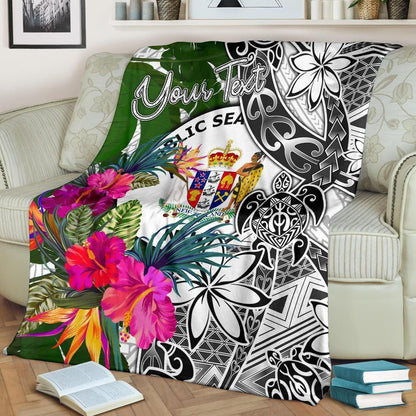 Niue Custom Personalised Premium Blanket White - Turtle Plumeria Banana Leaf