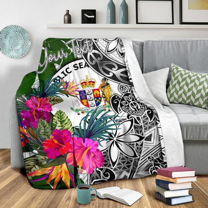 Niue Custom Personalised Premium Blanket White - Turtle Plumeria Banana Leaf
