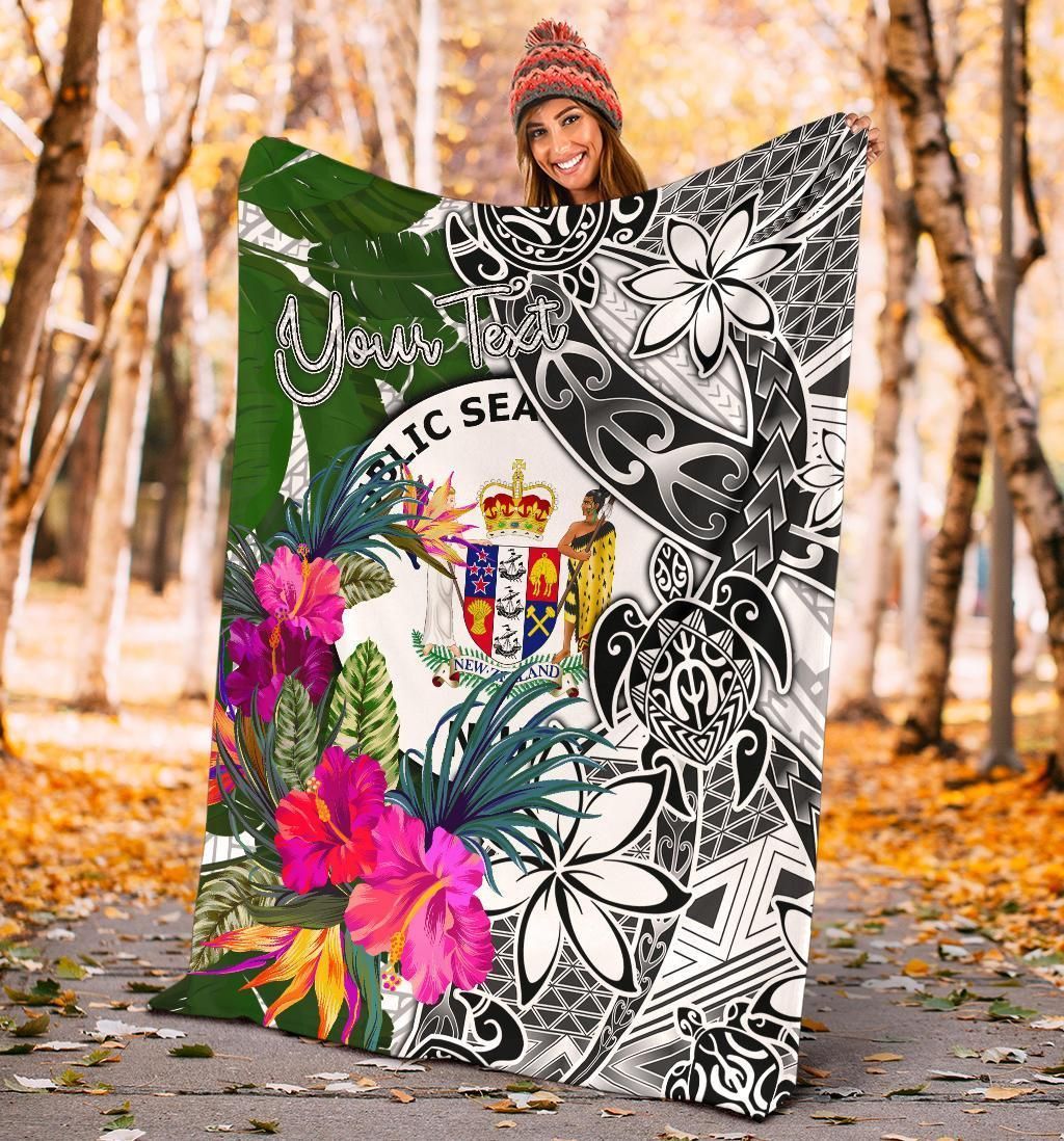 Niue Custom Personalised Premium Blanket White - Turtle Plumeria Banana Leaf