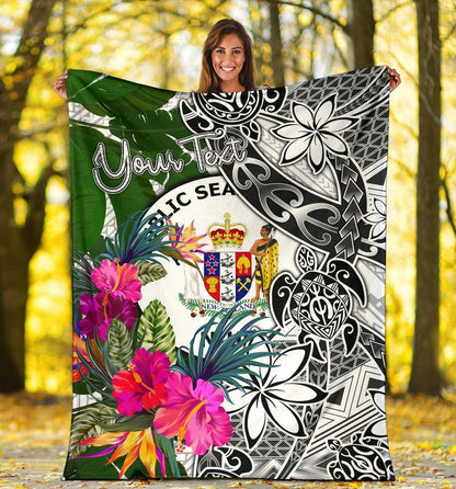 Niue Custom Personalised Premium Blanket White - Turtle Plumeria Banana Leaf