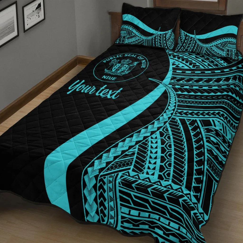 Niue Custom Personalised Quilt Bed Set - Turquoise Polynesian Tentacle Tribal Pattern