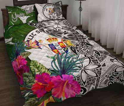 Niue Custom Personalised Quilt Bed Set White - Turtle Plumeria Banana Leaf