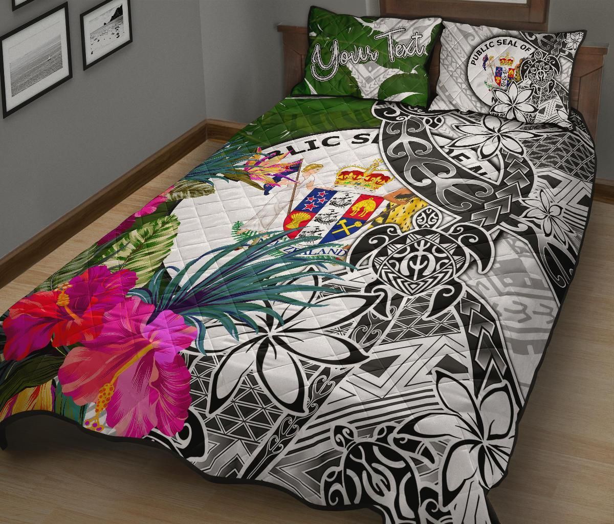 Niue Custom Personalised Quilt Bed Set White - Turtle Plumeria Banana Leaf