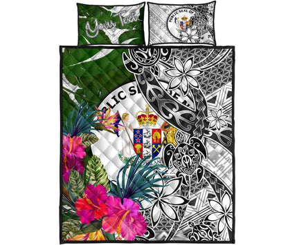 Niue Custom Personalised Quilt Bed Set White - Turtle Plumeria Banana Leaf