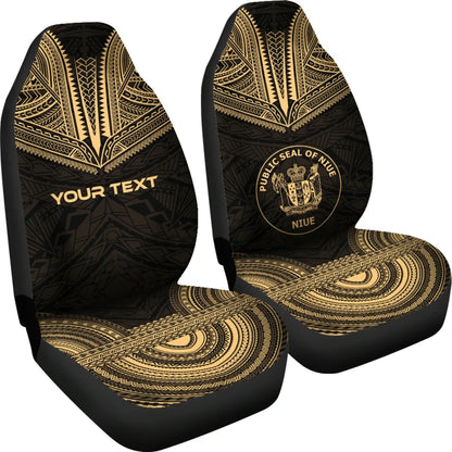 Niue Custom Personalised Car Seat Cover - Niue Seal Polynesian Chief Tattoo Gold Version