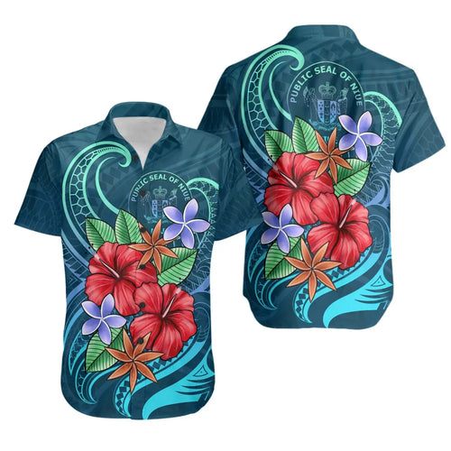 Niue Short Sleeve Shirt - Blue Pattern With Tropical Flowers