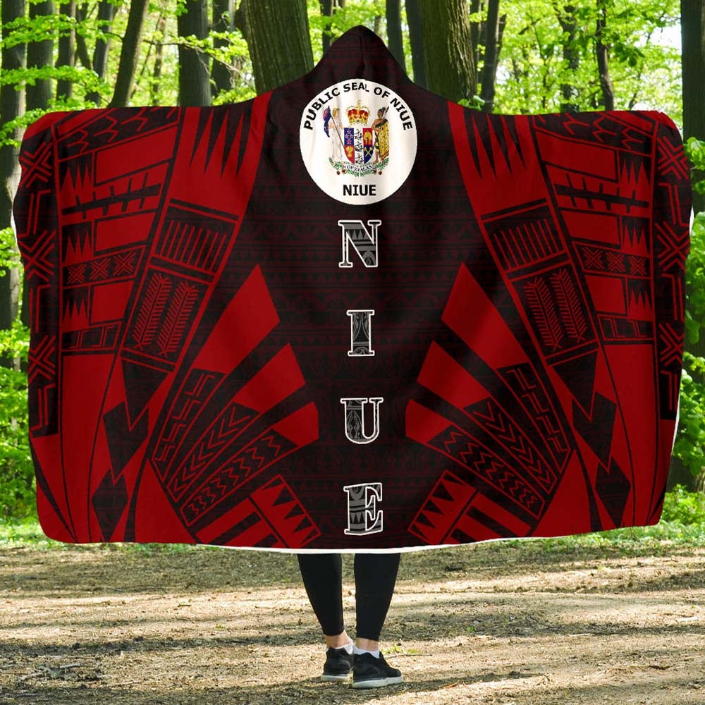 Niue Hooded Blanket - Polynesian Tattoo Red
