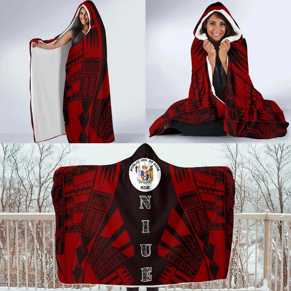 Niue Hooded Blanket - Polynesian Tattoo Red