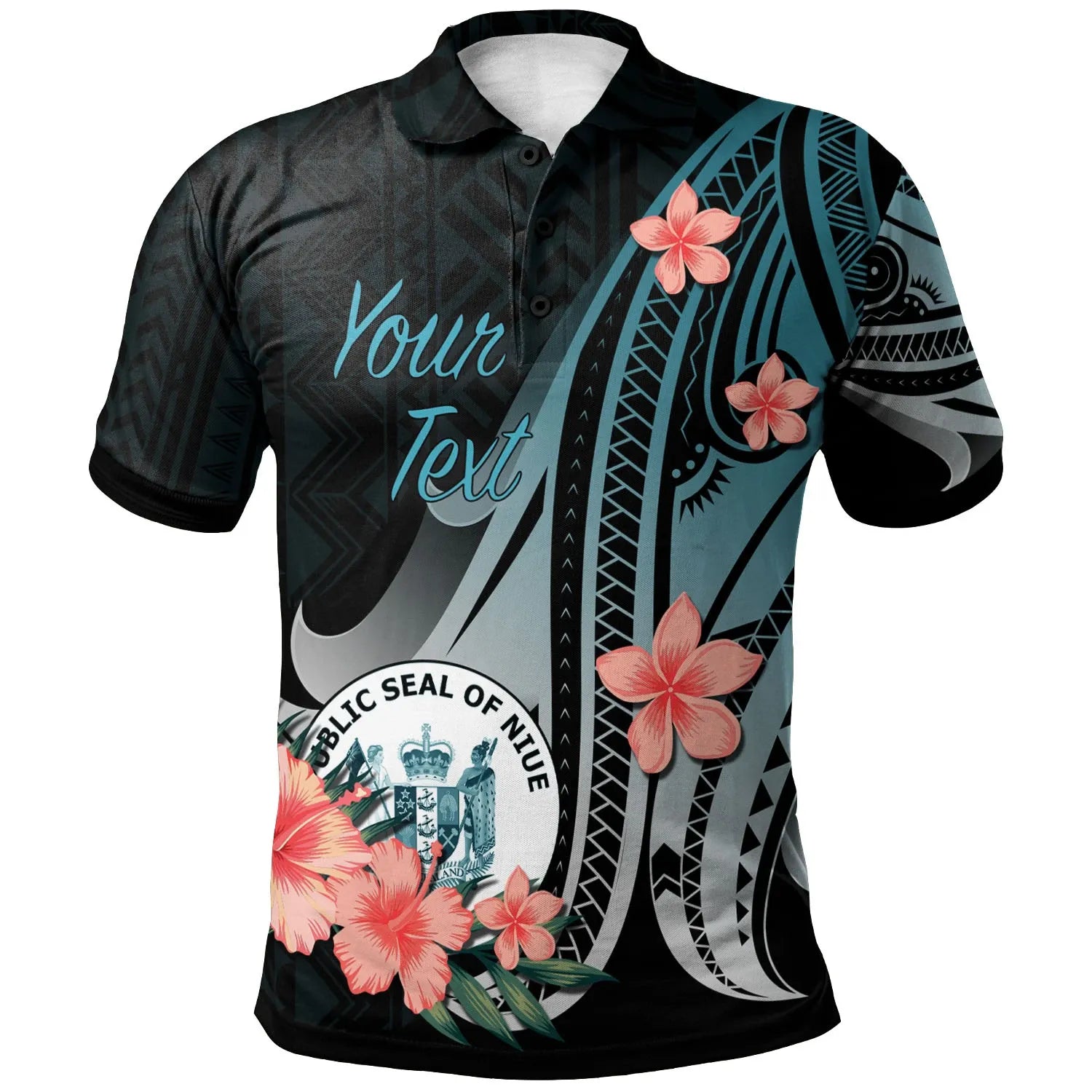Niue Personalised Custom Polo Shirt - Turquoise Polynesian Hibiscus Pattern Style