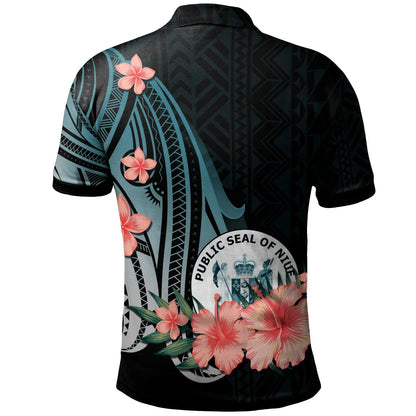 Niue Personalised Custom Polo Shirt - Turquoise Polynesian Hibiscus Pattern Style