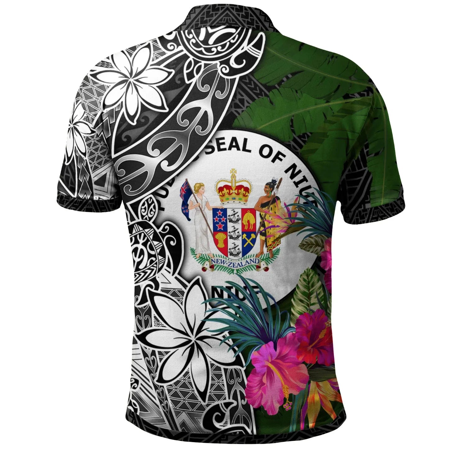 Niue Polo Shirt - Turtle Plumeria Banana Leaf