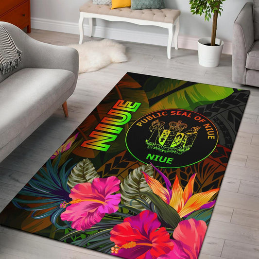 Niue Polynesian Area Rug - Hibiscus and Banana Leaves