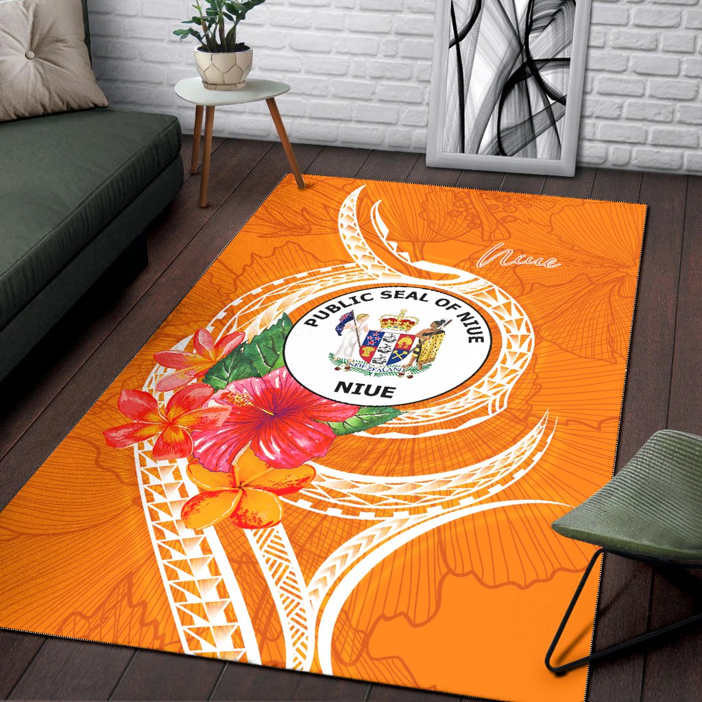 Niue Polynesian Area Rug - Orange Floral With Seal