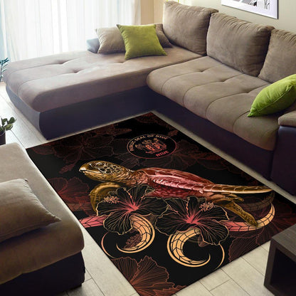 Niue Polynesian Area Rugs - Turtle With Blooming Hibiscus Gold
