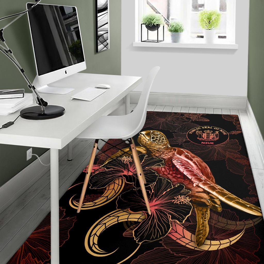 Niue Polynesian Area Rugs - Turtle With Blooming Hibiscus Gold