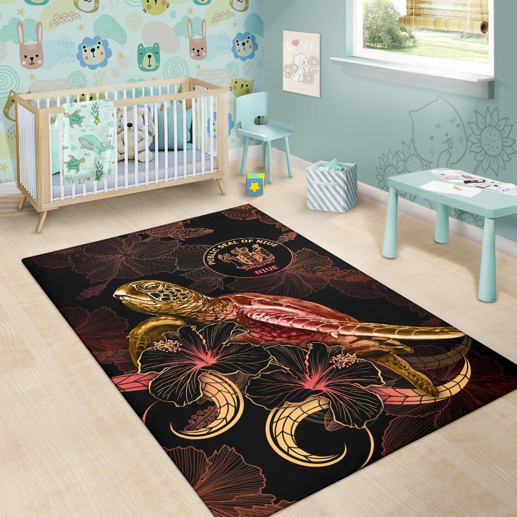 Niue Polynesian Area Rugs - Turtle With Blooming Hibiscus Gold