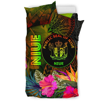 Niue Polynesian Bedding Set - Hibiscus And Banana Leaves
