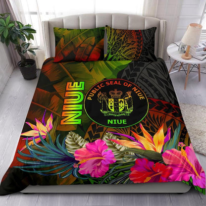 Niue Polynesian Bedding Set - Hibiscus And Banana Leaves