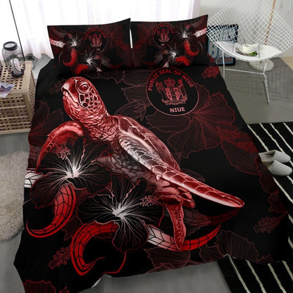 Niue Polynesian Bedding Set - Turtle With Blooming Hibiscus Red