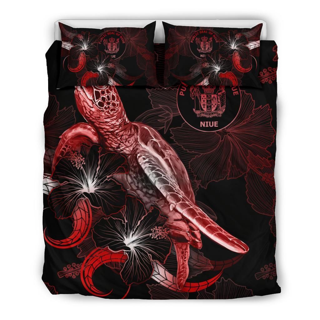 Niue Polynesian Bedding Set - Turtle With Blooming Hibiscus Red