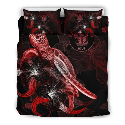 Niue Polynesian Bedding Set - Turtle With Blooming Hibiscus Red