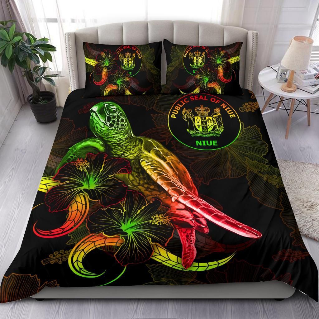 Niue Polynesian Bedding Set - Turtle With Blooming Hibiscus Reggae