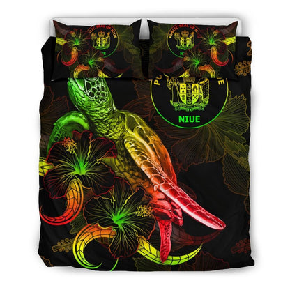 Niue Polynesian Bedding Set - Turtle With Blooming Hibiscus Reggae