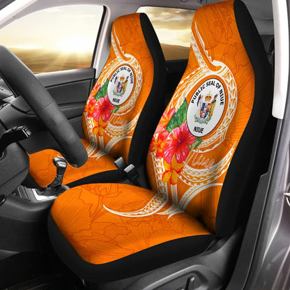 Niue Polynesian Car Seat Covers - Orange Floral With Seal