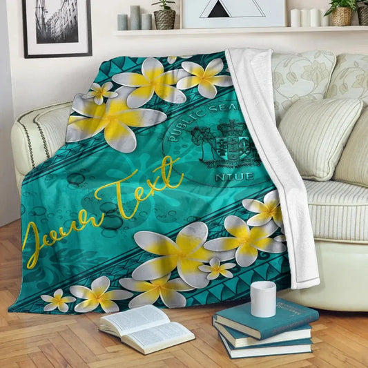 Niue Polynesian Custom Personalised Blanket - Plumeria With Blue Ocean