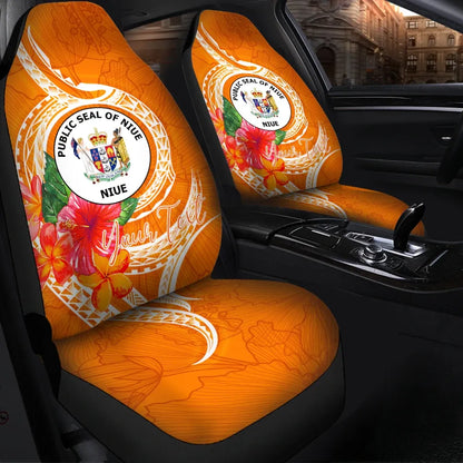 Niue Polynesian Custom Personalised Car Seat Covers - Orange Floral With Seal