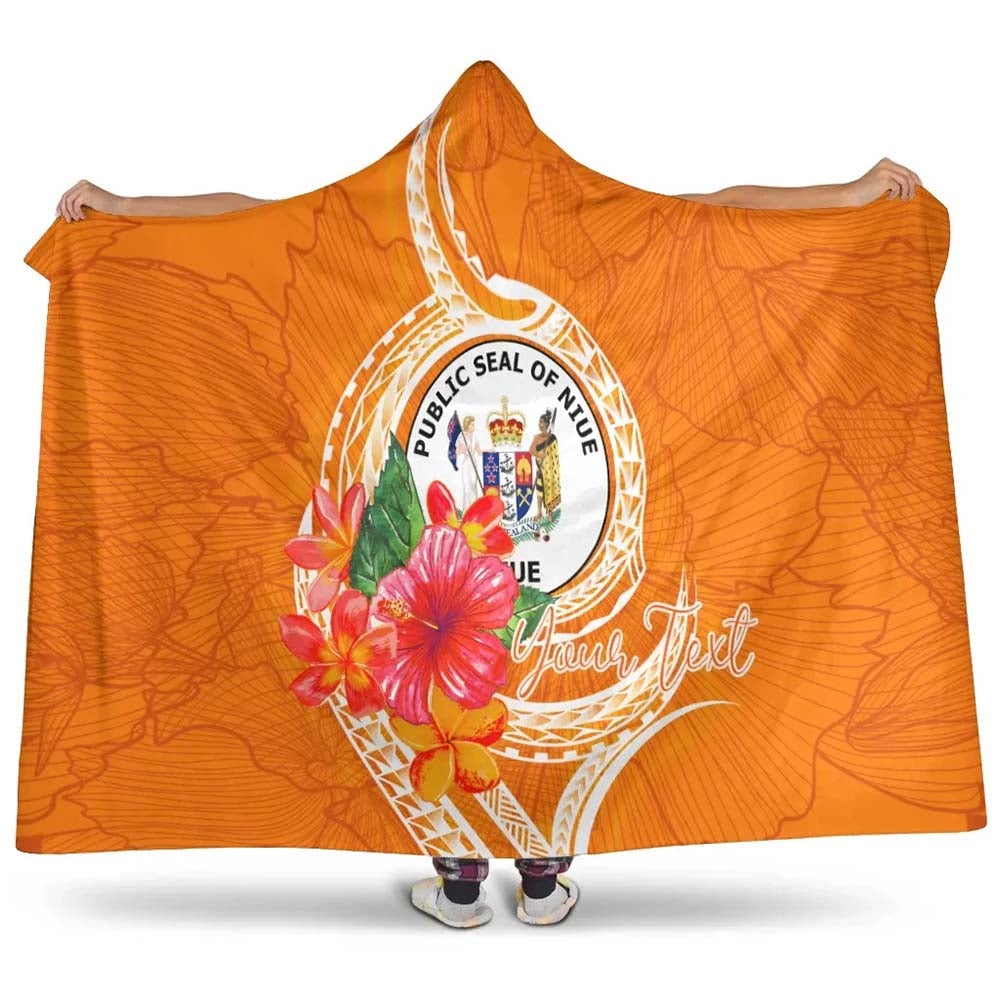 Niue Polynesian Custom Personalised Hooded Blanket - Orange Floral With Seal