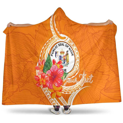 Niue Polynesian Custom Personalised Hooded Blanket - Orange Floral With Seal