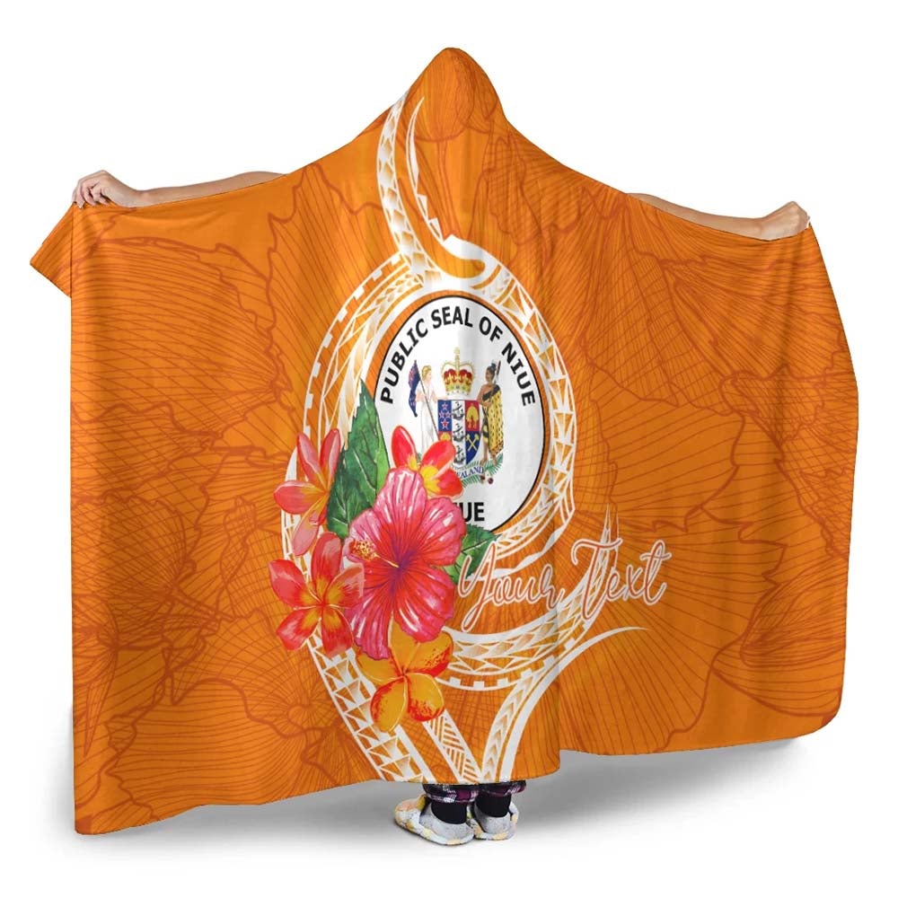 Niue Polynesian Custom Personalised Hooded Blanket - Orange Floral With Seal